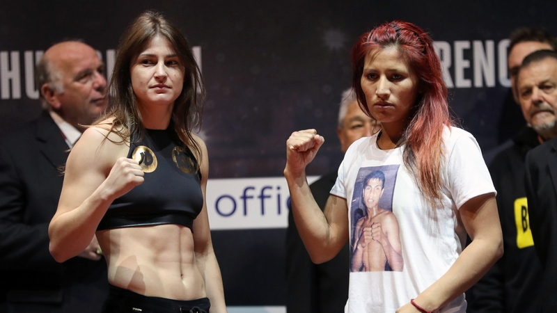 Katie Taylor and Anahi Esther Sanchez at the weigh-in ahead of their WBA lightweight title bout.