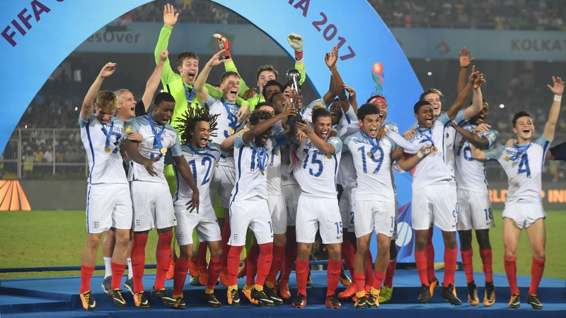 The England U17s lifting the World Cup in Kolkota, India on Saturday afternoon