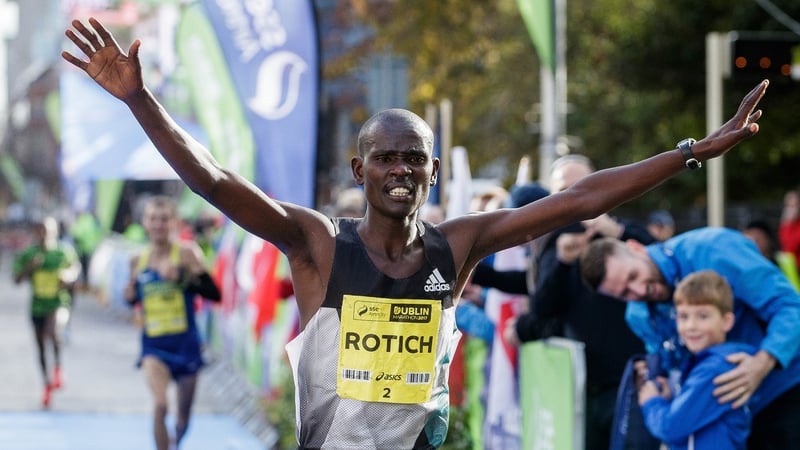 Bernard Rotich crossing the finishing line of the Dublin City marathon.
