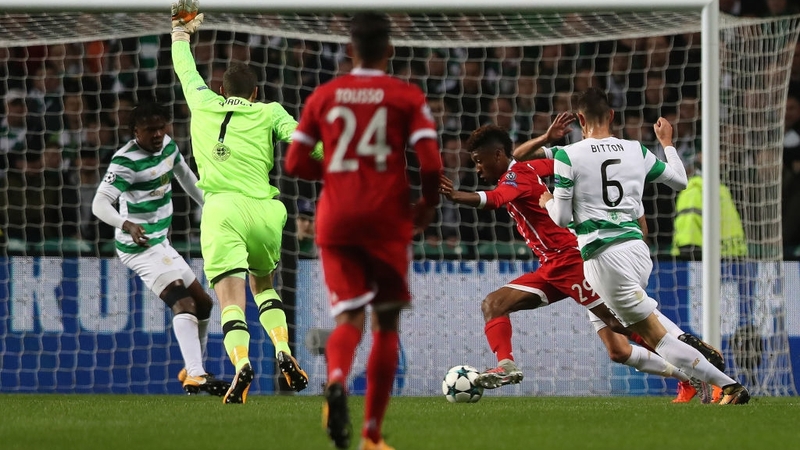 Craig Gordon appeals in vain for handball before Kingsley Coman scores for Bayern