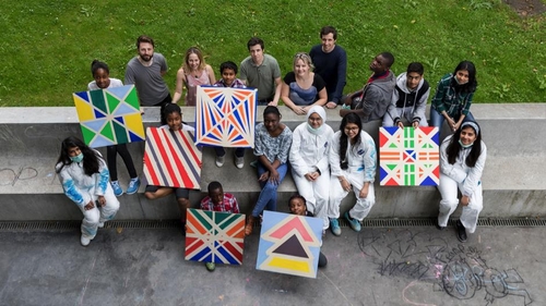 Young people from the Arriving into View Direct Provision project at Cork's Glucksman Art Gallery 
with artists leading the work.