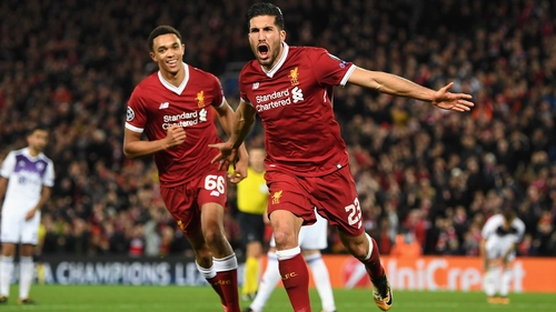 Emre Can of Liverpool celebrates scoring his side's second goal