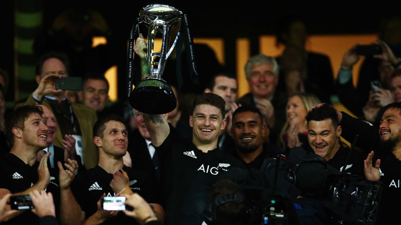 New Zealand captain Beauden Barrett lifts the Killik Cup