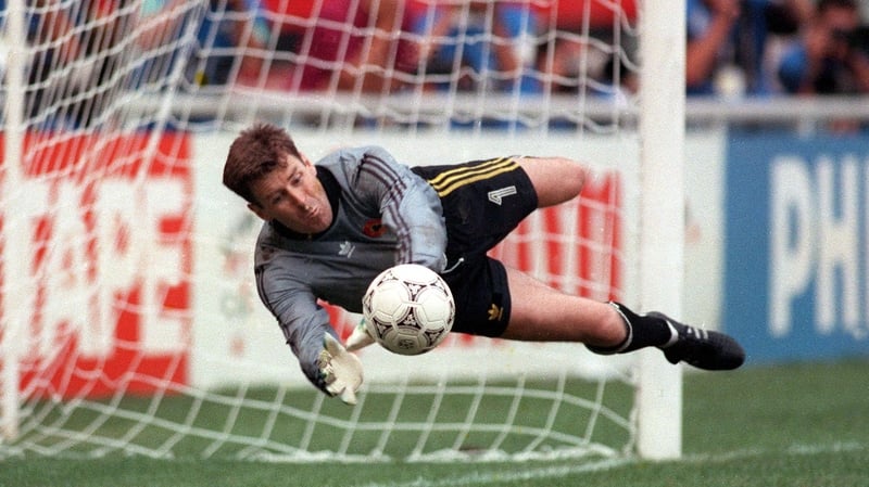 Packie Bonner saves from Daniel Timofte in the 1990 World Cup