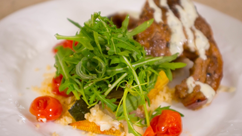 Lamb Cutlets with Apricot Barbecue Glaze,  Roast Vegetables with Couscous Salad & Harissa Style Dressing