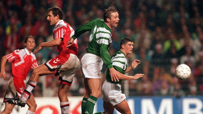 Alan Kernaghan and Roy Keane challenging Kim Vilfort during Ireland's match in Denmark in September 1992