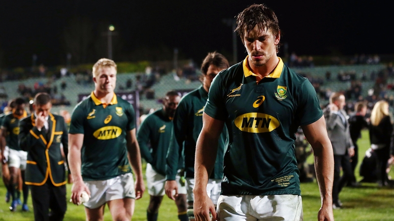 Eben Etzebeth of South Africa walks off the field after the Rugby Championship loss to New Zealand
