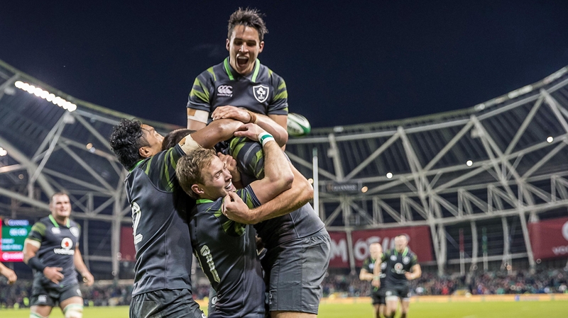 Ireland's Sean O'Brien, Bundee Aki, Joey Carberry and Kieran Marmion congratulate try scorer Jacob Stockdale