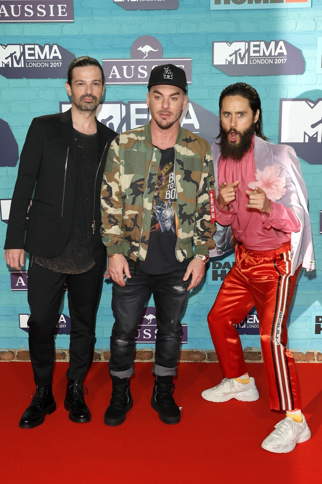 Tomo Milicevic, Shannon Leto and Jared Leto of Thirty Seconds to Mars all brought their individual style to the EMAs.