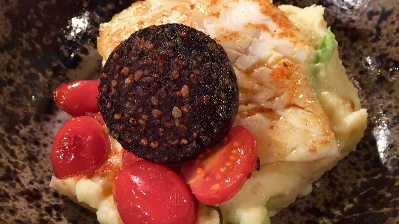 Paul Fynn's Hake with champ sauce & black pudding