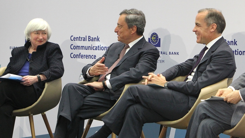 Fed chief Janet Yellen, ECB chief Mario Draghi and Bank of England's Mark Carney at the event in Frankfurt today
