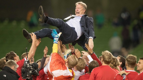 Age Hareide celebrates with his team at the Aviva Stadium