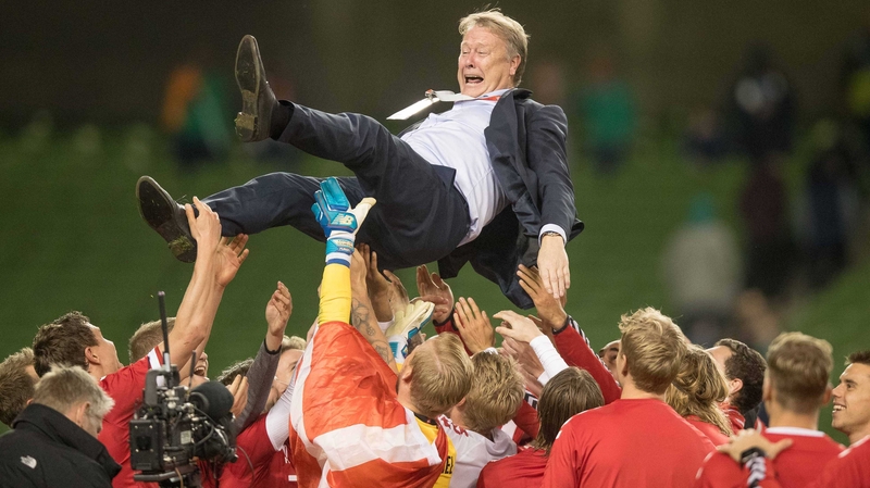 Age Hareide celebrates with his team at the Aviva Stadium