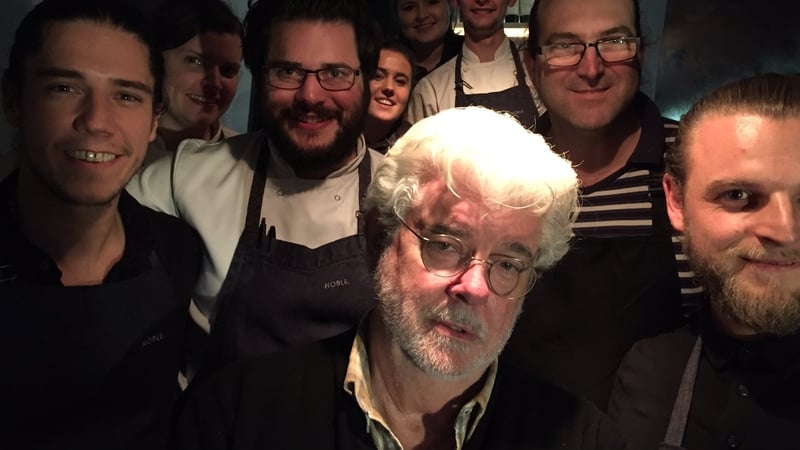 George Lucas with the staff of Holywood's Noble