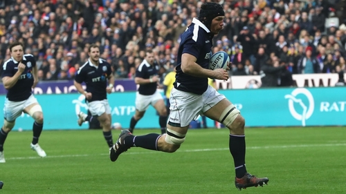 Tim Swinson scoring a try for Scotland against France in last year's Six Nations