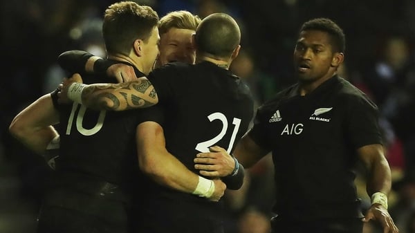 Beauden Barrett celebrates his crucial try in Edinburgh
