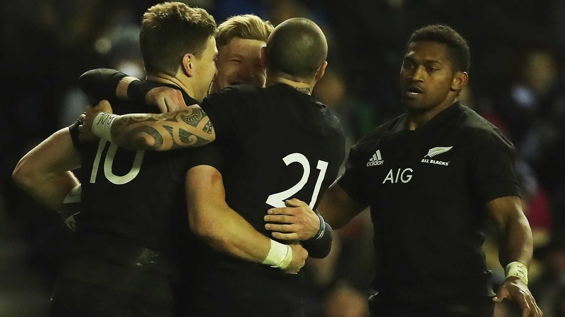 Beauden Barrett celebrates his crucial try in Edinburgh