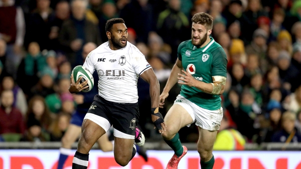 Timoci Nagusa on his way to scoring a try for Fiji