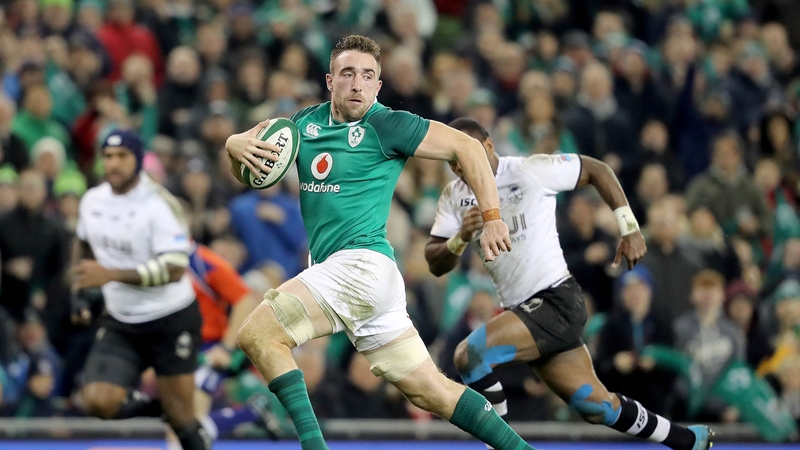 Jack Conan en route to scoring his try against Fiji