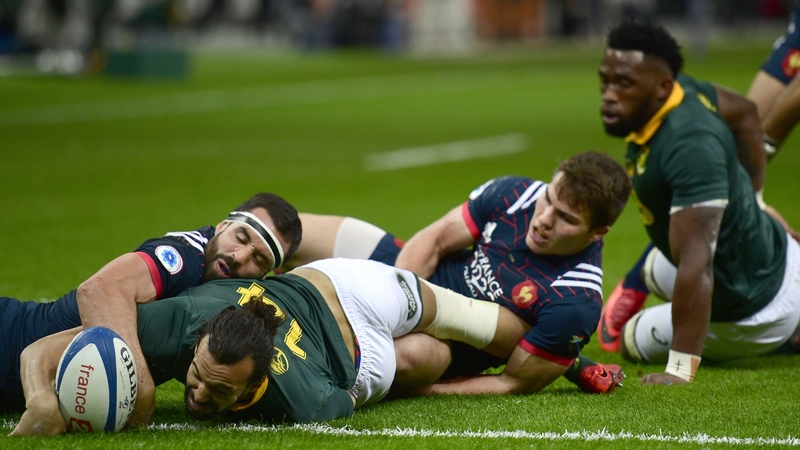 South Africa winger Dillyn Leyds scores the opening try of the tie.