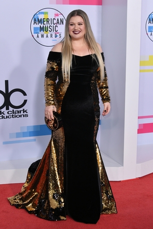Kelly Clarkson wore an off-the-shoulder gown by Christian Siriano with a Chanel clutch.