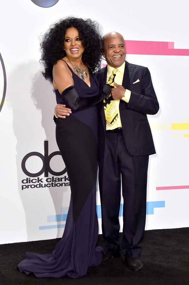 Diana Ross and Berry Gordy pose in the press room. Diana brought home the lifetime achievement award in a full length dress and gloves.
