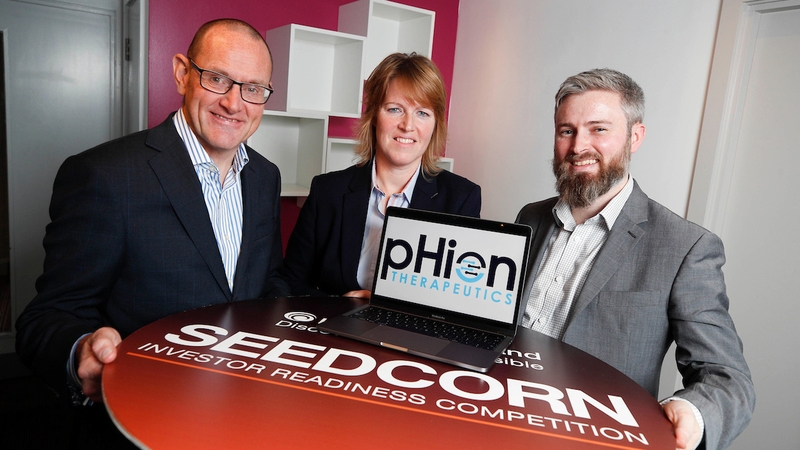 Seedcorn Project Manager, Connor Sweeney (l) with Helen McCarthy and Darrach Neeson of Phion Therapeutics (Picture Conor McCabe)