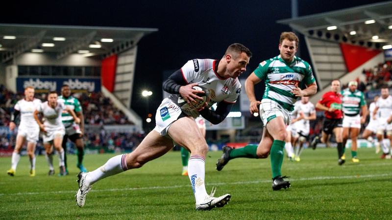 Tommy Bowe running in Ulster's first try in their 23-22 win over Benotton Treviso this evening