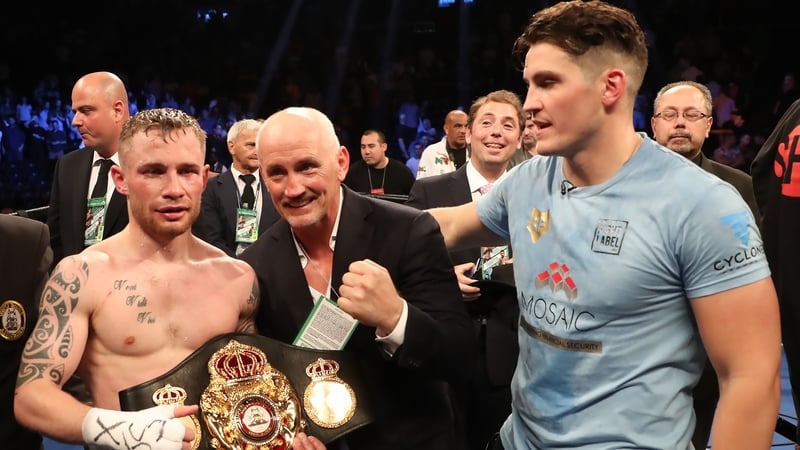 Carl Frampton, Barry McGuigan and Shane McGuigan in happier times after Frampton's title win over Leo Santa Cruz in 2016