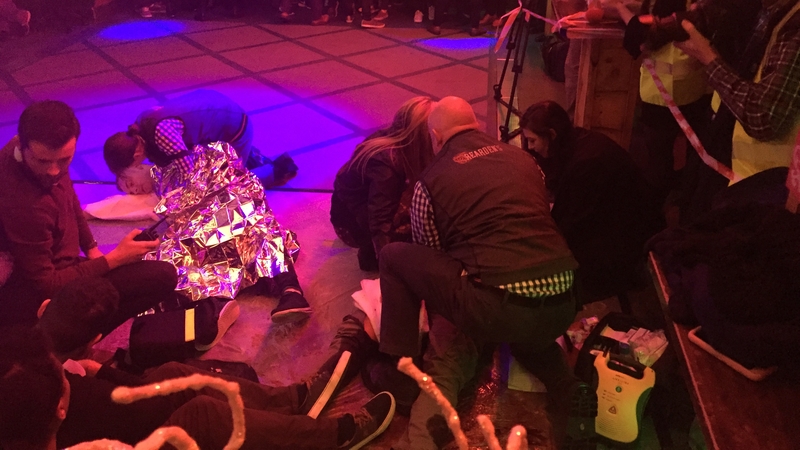 Emergency services treating the 'injured' at the nightclub