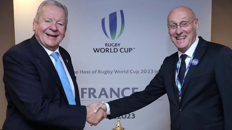 Bill Beaumont (L) after France were announced as the hosts of the 2023 Rugby World Cup