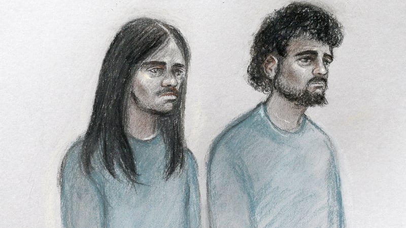 Court sketch of Naa'imur Zakariyah Rahman (L) and Mohammed Aqib Imran