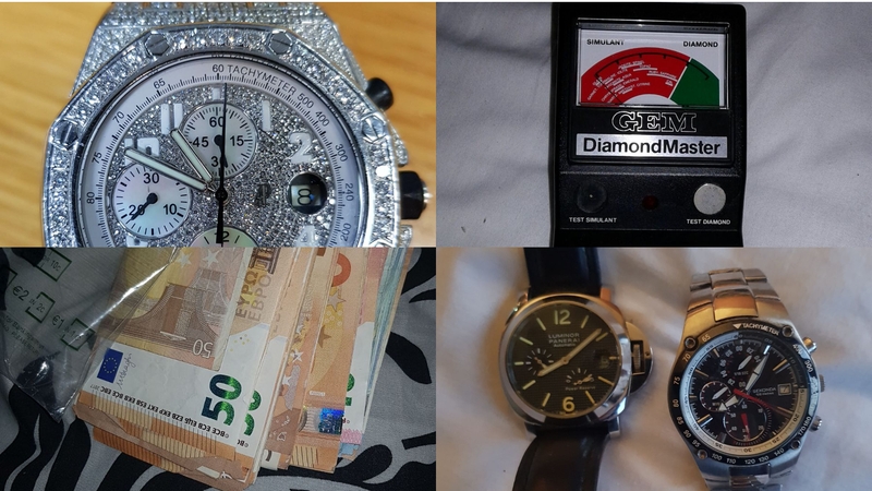 Cash, watches and a diamond testing kit were seized
