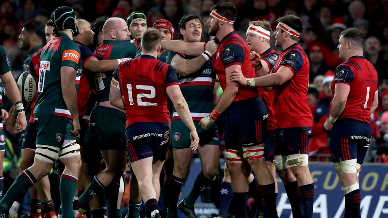 A scuffle breaks out between the two sides at Thomond Park