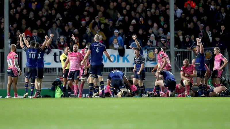 Leinster players celebrate Jack Conan's try in the second half