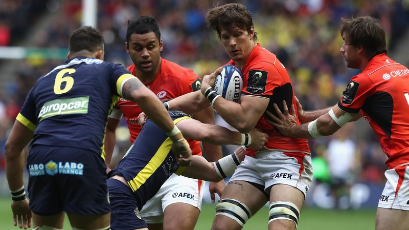 Michael Rhodes of Saracens is tackled during last May's Champions Cup final at Murrayfield