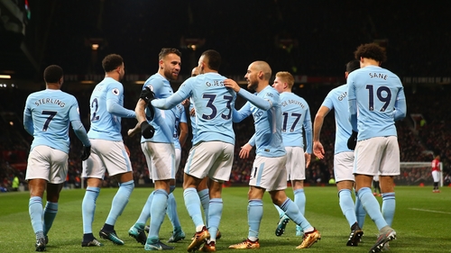 Manchester City in celebratory mood at Old Trafford
