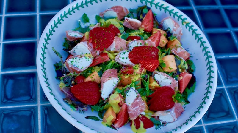Catherine Fulvio's Prosciutto and Goats Cheese with Melon Strawberry Salad