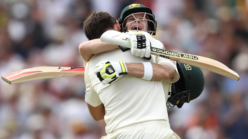 Steve Smith and Mitch Marsh embrace in Perth