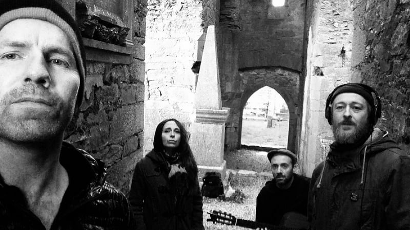 Christmas Postcard - recording at Kilcrea Abbey (L to R): actors Mark D'Aughton and Vicky Keating, composer Mark Wilkins and producer Conor O'Toole.