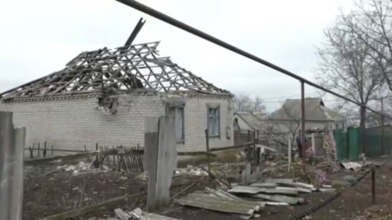 Home damaged by rocket fire in Novoluhanske in eastern Ukraine