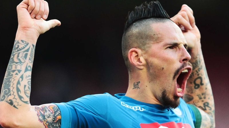 Marek Hamsik celebrates his landmark goal