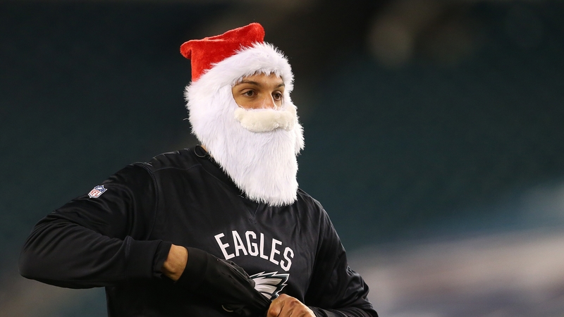 Mack Hollins of the Philadelphia Eagles gets into the festive spirit ahead of their victory over the Raiders
