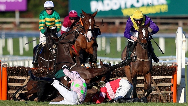David Mullins and Whiskey Sour (R) take advantage after Sharjah and Real Steel fall at the last