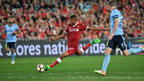 Liverpool's Rhian Brewster (C) in action against Sydney FC