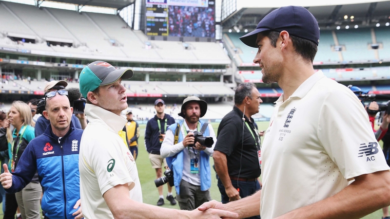 Steve Smith and Alastair Cook shake hands at the conclusion of the game