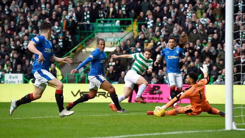 Wes Foderingham saves from James Forrest in the 0-0 draw at Celtic Park
