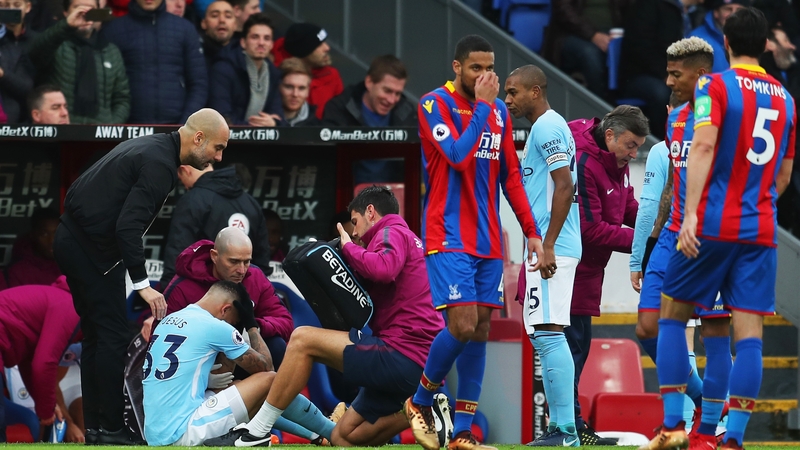 Gabriel Jesus receives medical attention at Selhurst Park