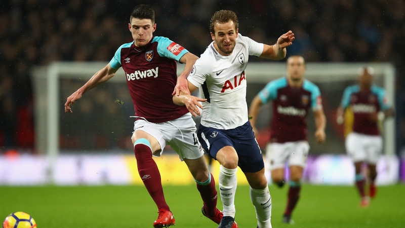 Declan Rice in action for West Ham, holding off Spurs striker Harry Kane