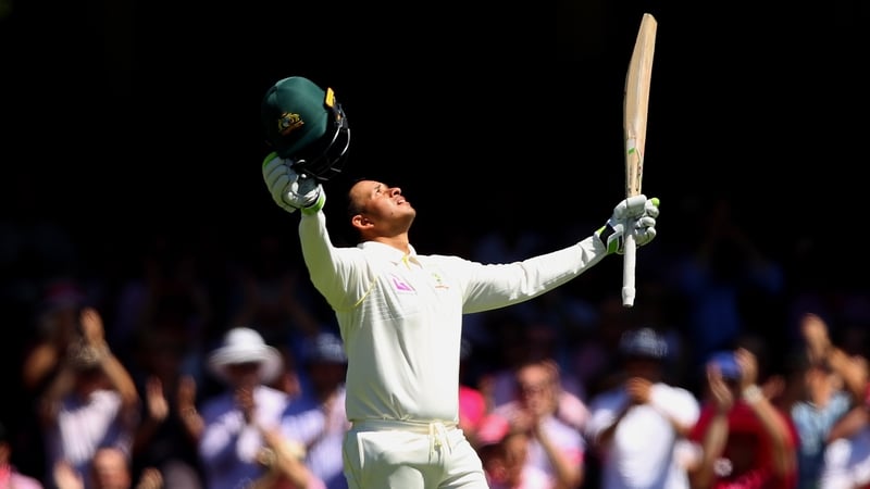 Usman Khawaja celebrates after reaching his century during day three of the Fifth Test